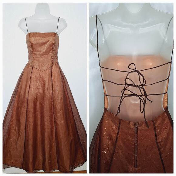 Vintage 90s Y2K Morgan Glitter Prom Dress Corset Square Neck Fairy Princess 3/4 - Picture 1 of 16